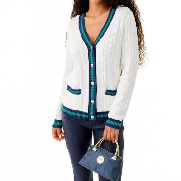 Lilly Pulitzer Sweaters - NWT Lilly Pulitzer Brockton V-Neck Cardigan in Coconut X Fiddle Leaf Green Small